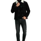 Herrenveloursjacke mit Sherpa-Kragen und Druckknöpfen - Schwarz