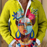 Ilse | Strickjacke mit Knöpfen und Frida-Kahlo-Porträt im Ölgemäldestil