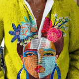 Ilse | Strickjacke mit Knöpfen und Frida-Kahlo-Porträt im Ölgemäldestil