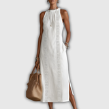 Jimena | Baumwoll-Leinen Midi-Kleid mit Mandarin-Kragen