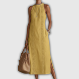 Jimena | Baumwoll-Leinen Midi-Kleid mit Mandarin-Kragen