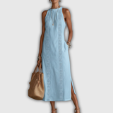 Jimena | Baumwoll-Leinen Midi-Kleid mit Mandarin-Kragen
