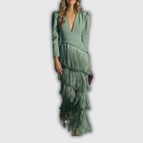 Clara | Elegantes Maxikleid mit langen Ärmeln und Fransen