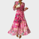 Fiona | Damen Wickel-Maxikleid mit Blumenmuster und langen Ärmeln