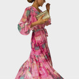 Fiona | Damen Wickel-Maxikleid mit Blumenmuster und langen Ärmeln
