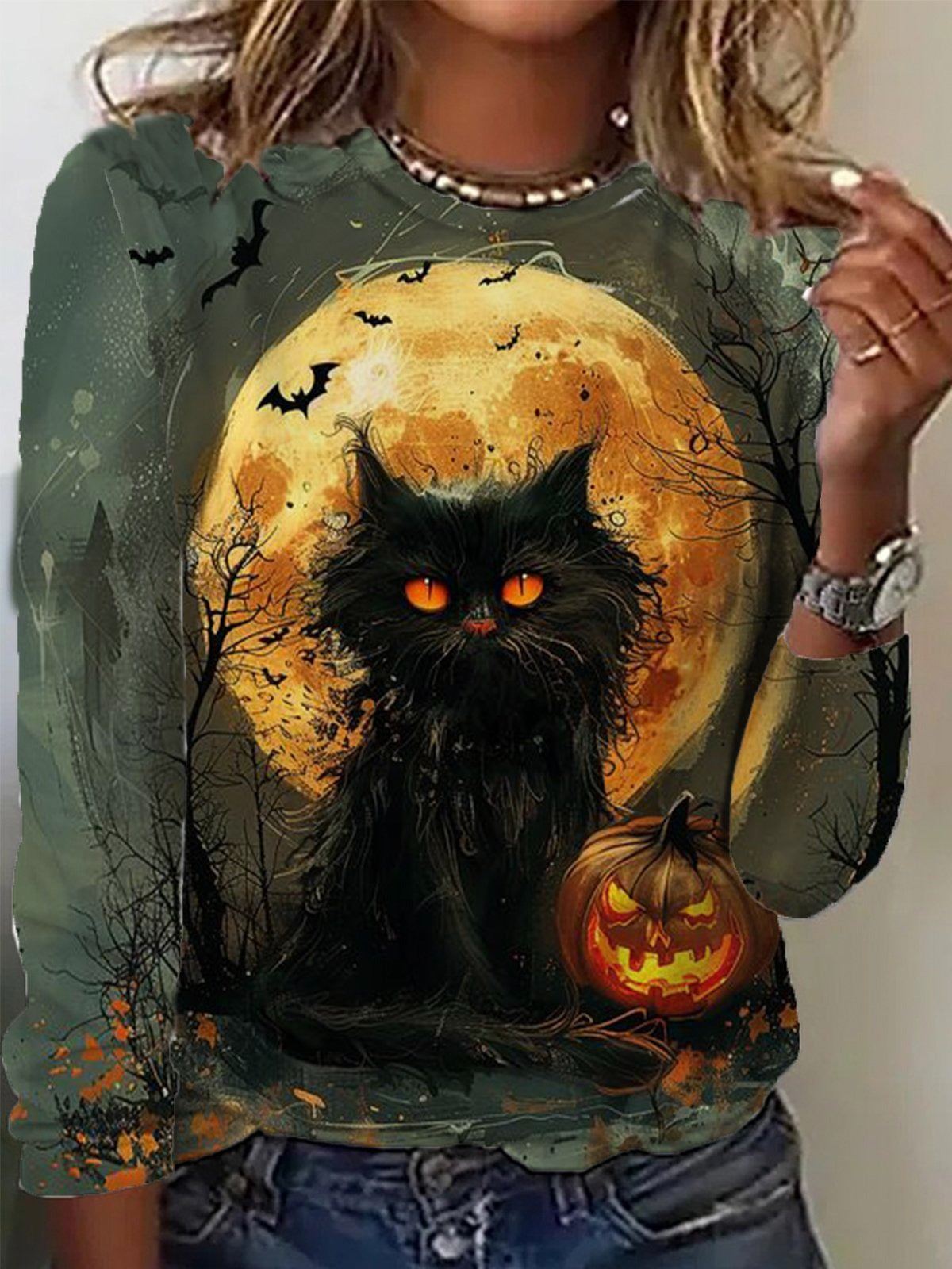 Larissa | Halloween-inspirierte Langarmbluse mit Rundhalsausschnitt