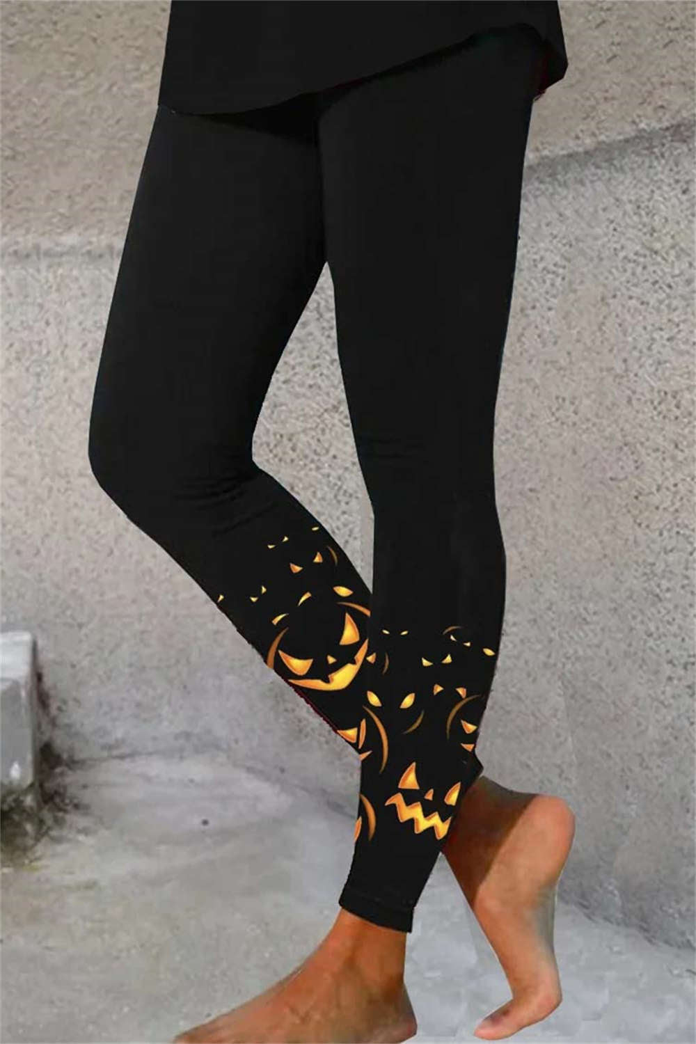 Lily | Von Halloween inspirierte schwarze knöchellange Leggings mit Kürbismuster und hoher Taille