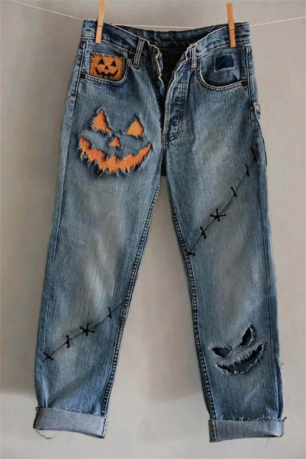 Eliana | Von Halloween inspirierte, blaue, knöchellange Hose mit Kürbismuster und mittlerer Taille