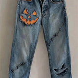 Eliana | Von Halloween inspirierte, blaue, knöchellange Hose mit Kürbismuster und mittlerer Taille