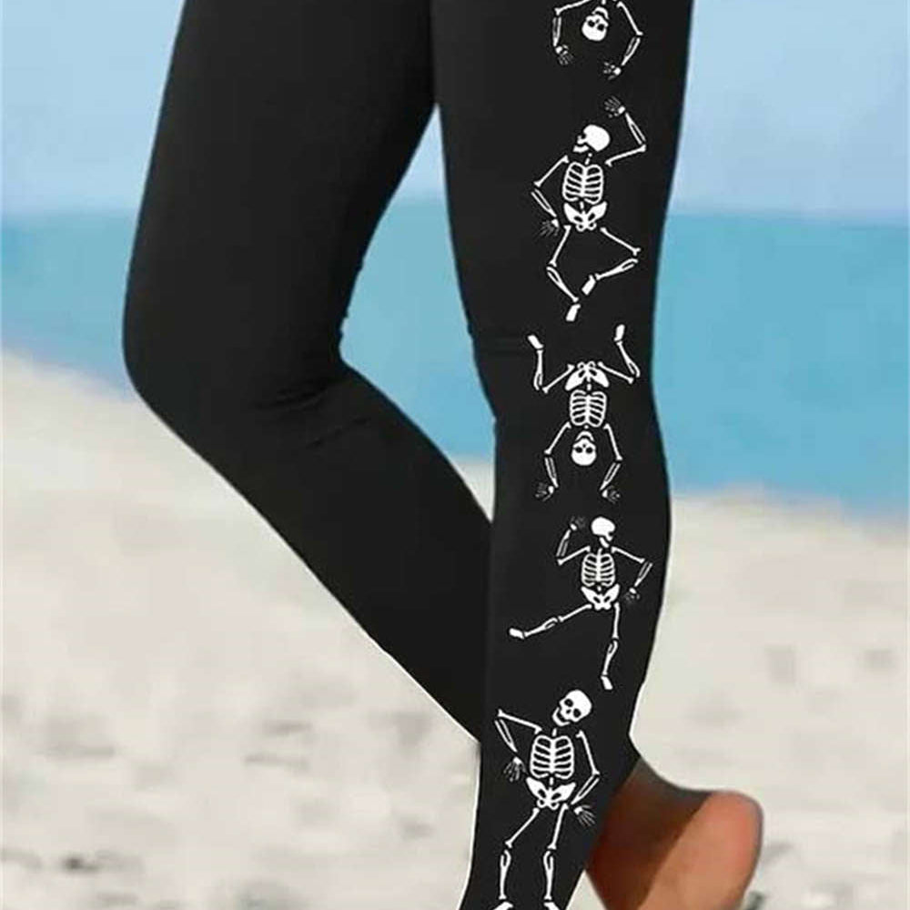Eloise | Halloween-inspirierte schwarze knöchellange Leggings mit Skelett-Print und elastischer Taille