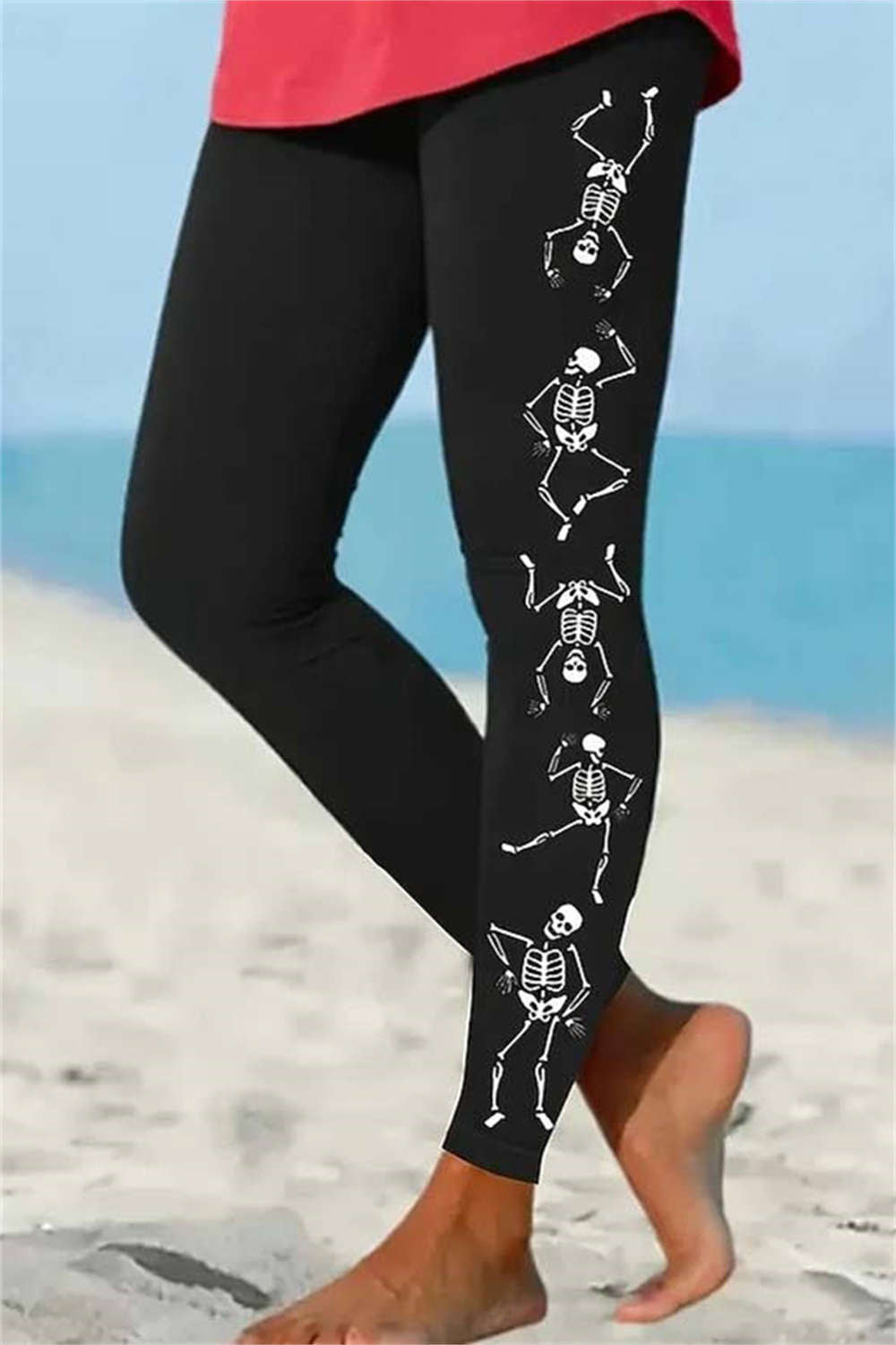 Eloise | Halloween-inspirierte schwarze knöchellange Leggings mit Skelett-Print und elastischer Taille
