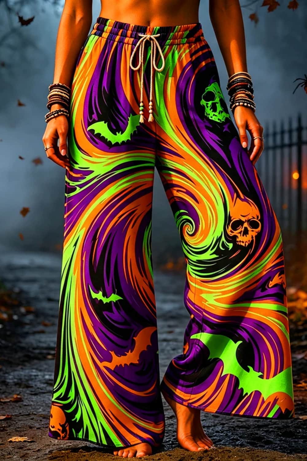 Jasmine | Halloween-inspirierte Maxi-Hose mit mehreren Wirbeln und Totenköpfen und Fledermäusen und elastischem Bund