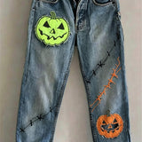 Celeste | Von Halloween inspirierte blaue Jeans mit mittelhoher Taille und geradem Bein in mittlerer Waschung