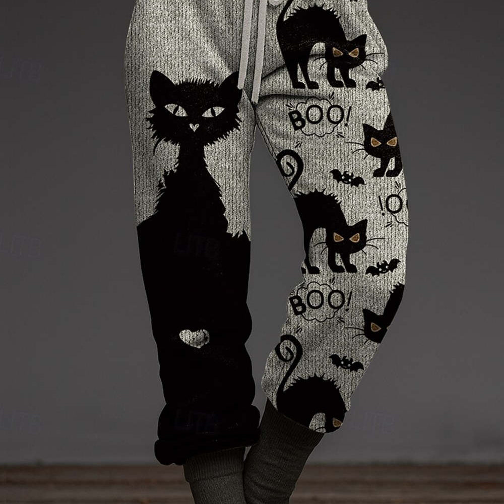 Vivienne | Von Halloween inspirierte grau-schwarze Jogginghose mit Katzen- und Fledermausmuster und Kordelzug an der Taille