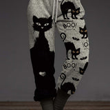 Vivienne | Von Halloween inspirierte grau-schwarze Jogginghose mit Katzen- und Fledermausmuster und Kordelzug an der Taille