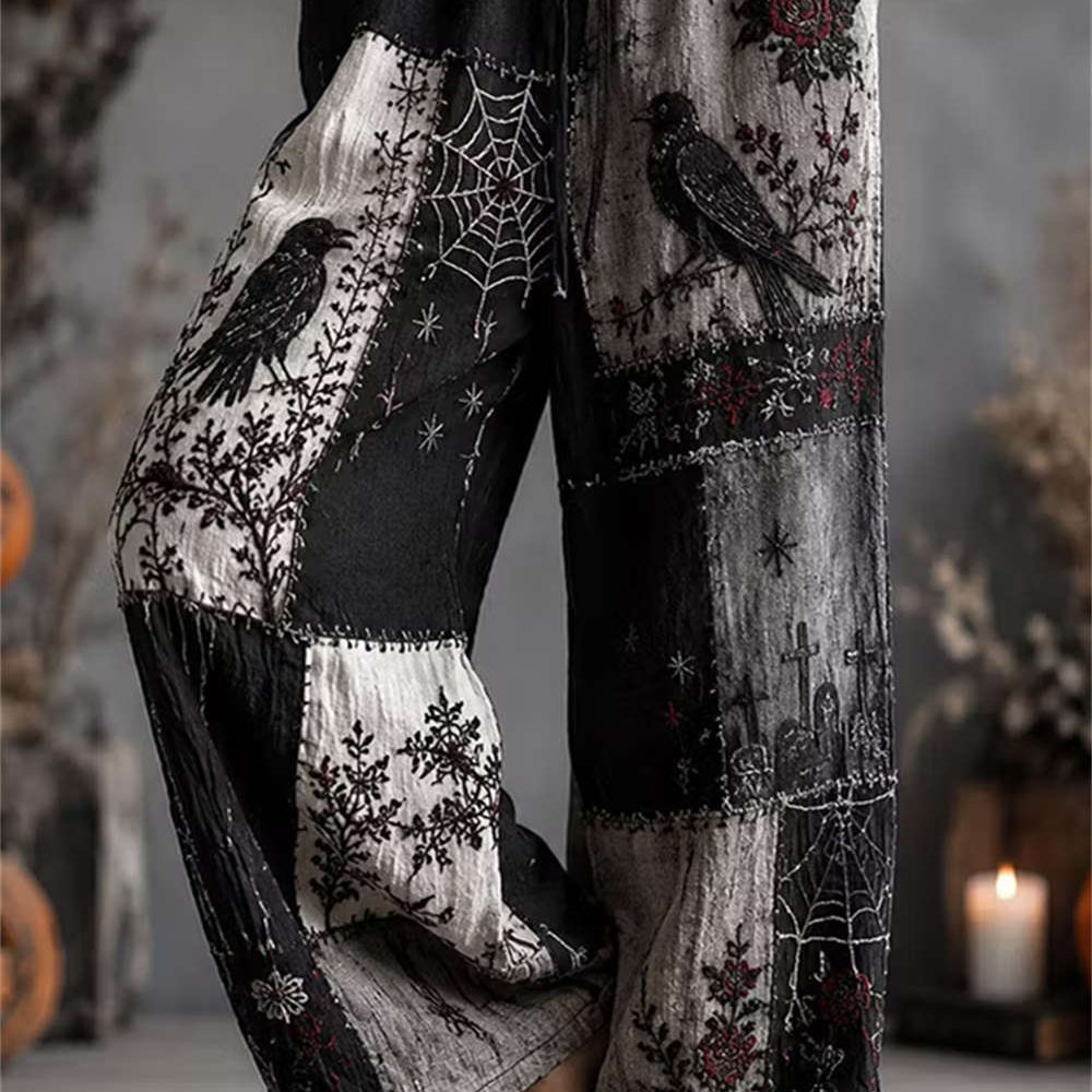 Vanessa | Halloween-inspirierte schwarz-graue Patchwork-Krähen-Rosen-Stickerei, Kordelzug, elastische Taille, weites Bein