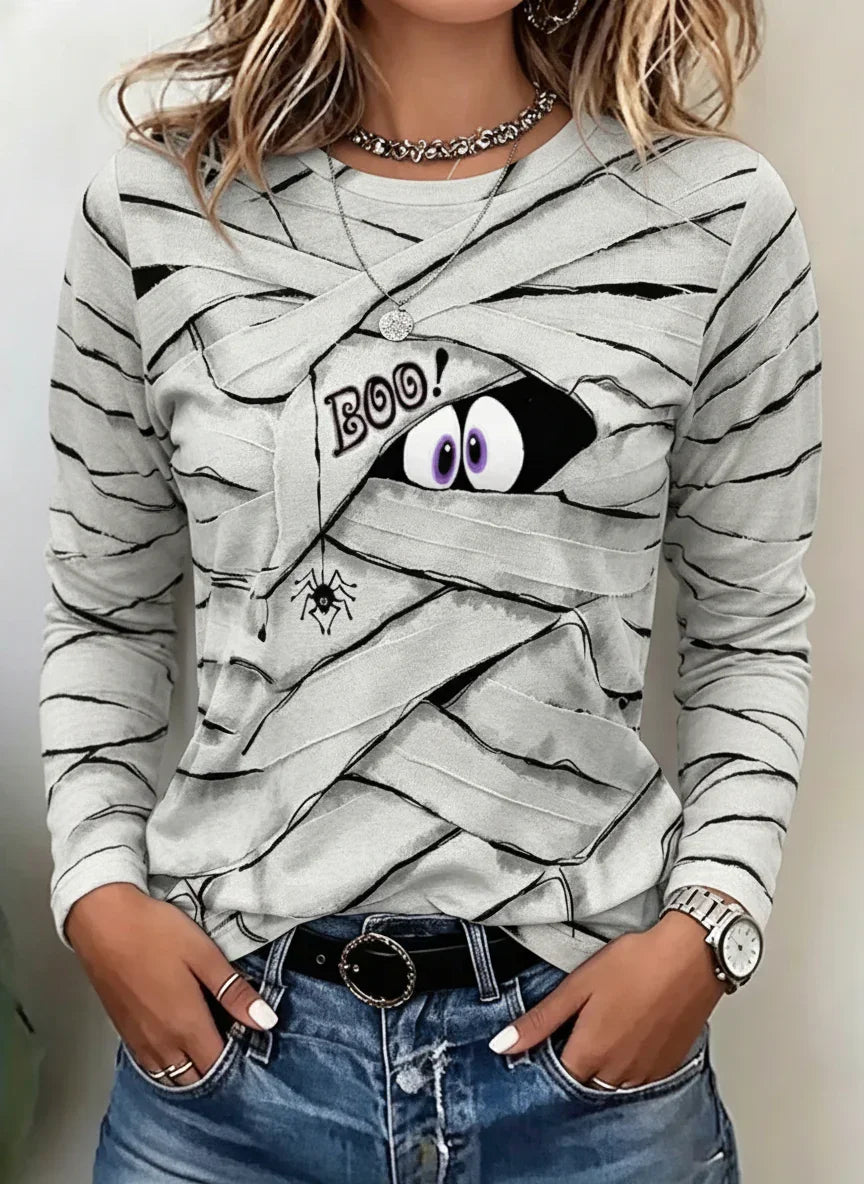 Carolina | Halloween-inspiriertes Mummy Boo Spider Print Rundhals-Langarm-Slim-Fit