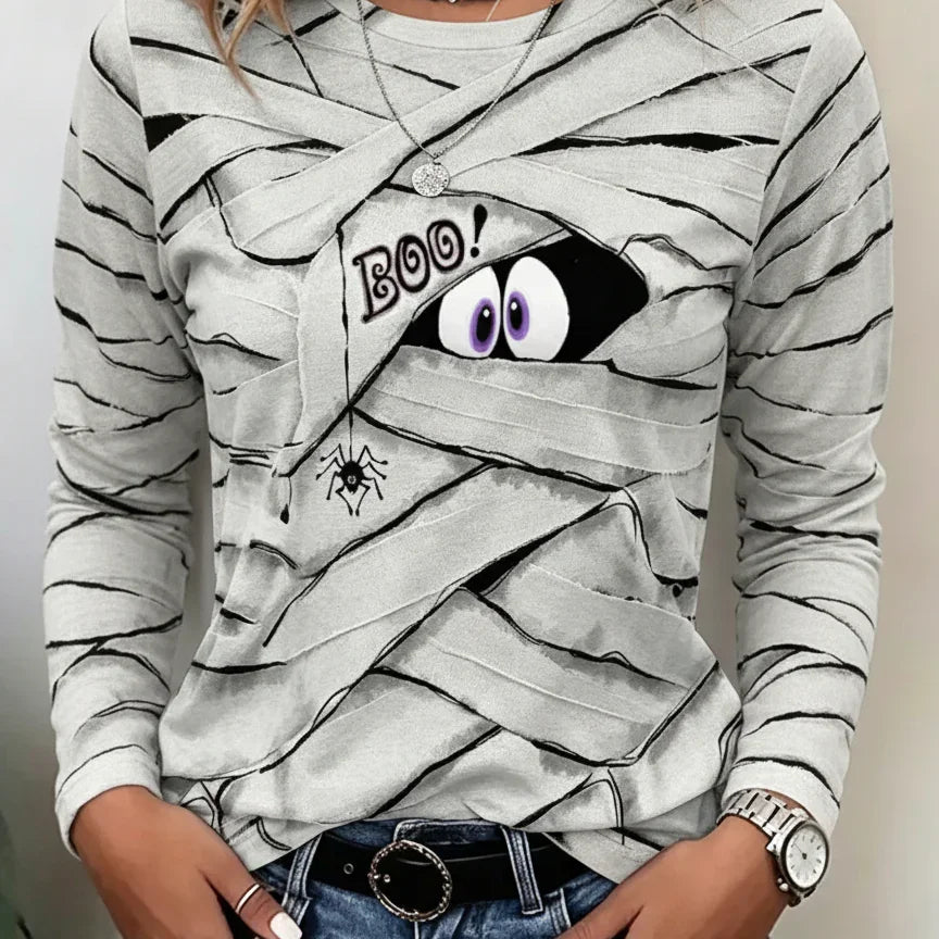 Carolina | Halloween-inspiriertes Mummy Boo Spider Print Rundhals-Langarm-Slim-Fit
