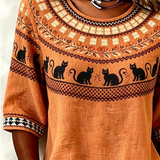 Carla | Vintage-Bluse mit Rundhalsausschnitt und halben Ärmeln, Halloween-inspirierter Druck, reguläre Mikroelastizität, reguläre Passform für Damen