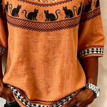 Carla | Vintage-Bluse mit Rundhalsausschnitt und halben Ärmeln, Halloween-inspirierter Druck, reguläre Mikroelastizität, reguläre Passform für Damen