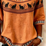Carla | Vintage-Bluse mit Rundhalsausschnitt und halben Ärmeln, Halloween-inspirierter Druck, reguläre Mikroelastizität, reguläre Passform für Damen