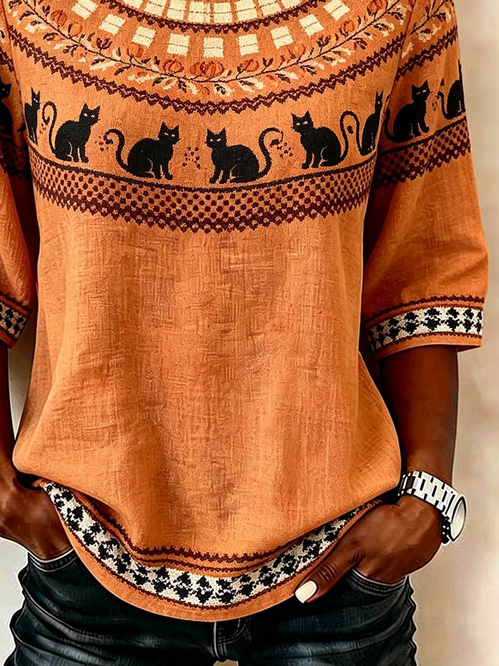 Carla | Vintage-Bluse mit Rundhalsausschnitt und halben Ärmeln, Halloween-inspirierter Druck, reguläre Mikroelastizität, reguläre Passform für Damen