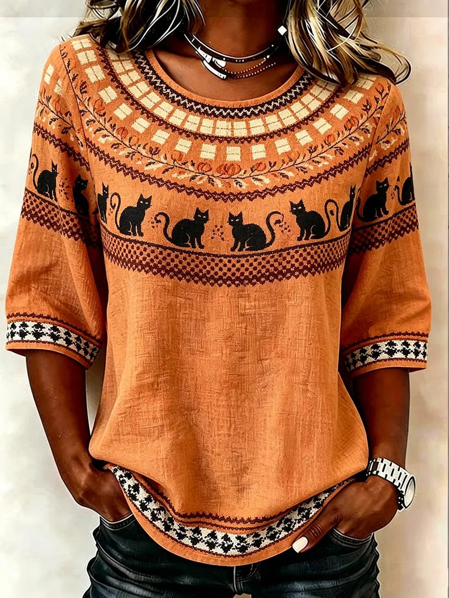 Carla | Vintage-Bluse mit Rundhalsausschnitt und halben Ärmeln, Halloween-inspirierter Druck, reguläre Mikroelastizität, reguläre Passform für Damen