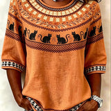 Carla | Vintage-Bluse mit Rundhalsausschnitt und halben Ärmeln, Halloween-inspirierter Druck, reguläre Mikroelastizität, reguläre Passform für Damen