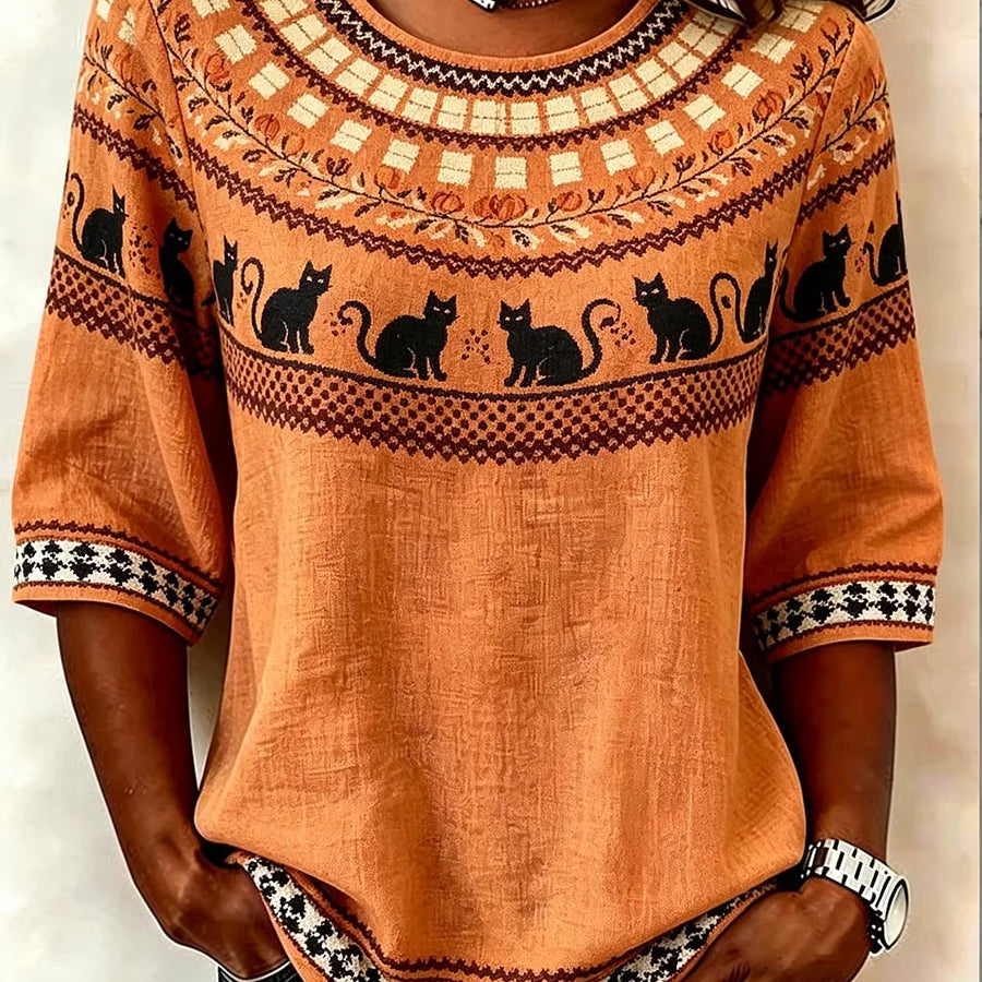 Carla | Vintage-Bluse mit Rundhalsausschnitt und halben Ärmeln, Halloween-inspirierter Druck, reguläre Mikroelastizität, reguläre Passform für Damen