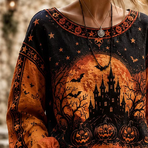 Brielle | Halloween-inspirierte Bluse mit Rundhalsausschnitt und langen Ärmeln