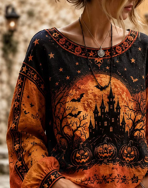 Brielle | Halloween-inspirierte Bluse mit Rundhalsausschnitt und langen Ärmeln