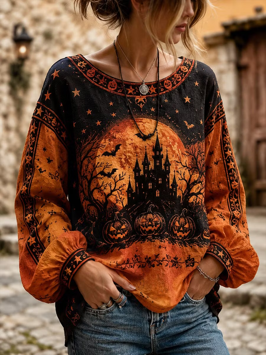Brielle | Halloween-inspirierte Bluse mit Rundhalsausschnitt und langen Ärmeln