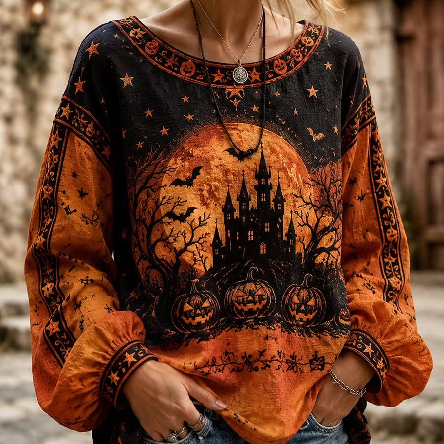 Brielle | Halloween-inspirierte Bluse mit Rundhalsausschnitt und langen Ärmeln