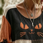 Katherine | Lässige Bluse mit Halloween-Katze, Rundhalsausschnitt, lange Ärmel, bedrucktes Oberteil