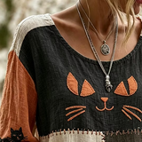 Katherine | Lässige Bluse mit Halloween-Katze, Rundhalsausschnitt, lange Ärmel, bedrucktes Oberteil