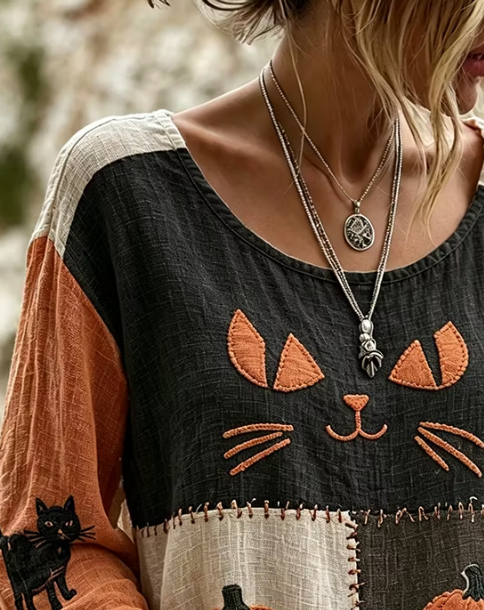 Katherine | Lässige Bluse mit Halloween-Katze, Rundhalsausschnitt, lange Ärmel, bedrucktes Oberteil