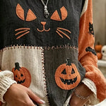 Katherine | Lässige Bluse mit Halloween-Katze, Rundhalsausschnitt, lange Ärmel, bedrucktes Oberteil