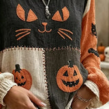 Katherine | Lässige Bluse mit Halloween-Katze, Rundhalsausschnitt, lange Ärmel, bedrucktes Oberteil