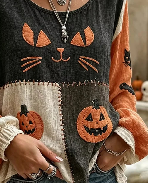 Katherine | Lässige Bluse mit Halloween-Katze, Rundhalsausschnitt, lange Ärmel, bedrucktes Oberteil