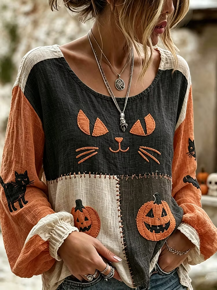 Katherine | Lässige Bluse mit Halloween-Katze, Rundhalsausschnitt, lange Ärmel, bedrucktes Oberteil