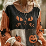 Katherine | Lässige Bluse mit Halloween-Katze, Rundhalsausschnitt, lange Ärmel, bedrucktes Oberteil