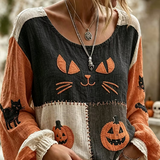 Katherine | Lässige Bluse mit Halloween-Katze, Rundhalsausschnitt, lange Ärmel, bedrucktes Oberteil