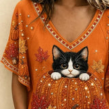 Cora | Halloween Lässiges Katzen-T-Shirt mit V-Ausschnitt und kurzen Ärmeln