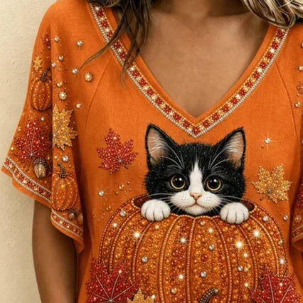 Cora | Halloween Lässiges Katzen-T-Shirt mit V-Ausschnitt und kurzen Ärmeln