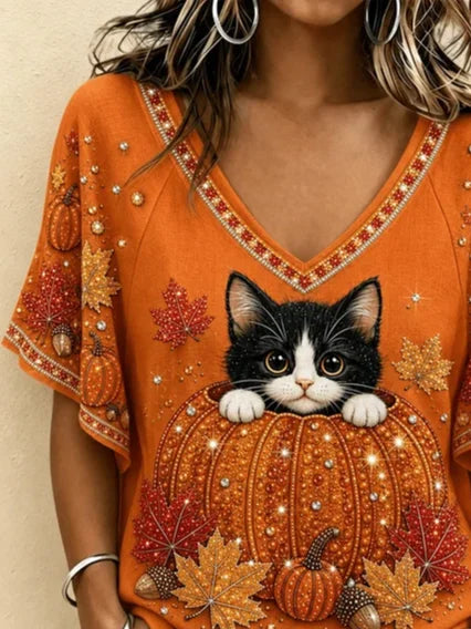 Cora | Halloween Lässiges Katzen-T-Shirt mit V-Ausschnitt und kurzen Ärmeln