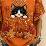 Cora | Halloween Lässiges Katzen-T-Shirt mit V-Ausschnitt und kurzen Ärmeln