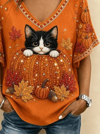 Cora | Halloween Lässiges Katzen-T-Shirt mit V-Ausschnitt und kurzen Ärmeln