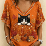 Cora | Halloween Lässiges Katzen-T-Shirt mit V-Ausschnitt und kurzen Ärmeln