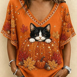 Cora | Halloween Lässiges Katzen-T-Shirt mit V-Ausschnitt und kurzen Ärmeln