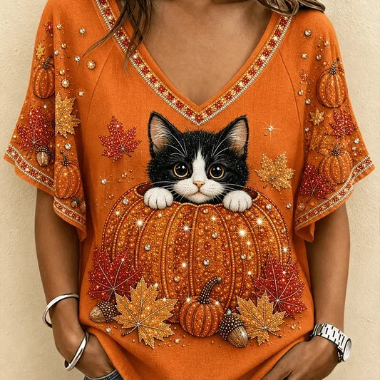 Cora | Halloween Lässiges Katzen-T-Shirt mit V-Ausschnitt und kurzen Ärmeln